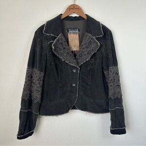 Da Nang Jacket Womens Large Brown Corduroy Boho Lace Trim Embroidered Y2K Coat L